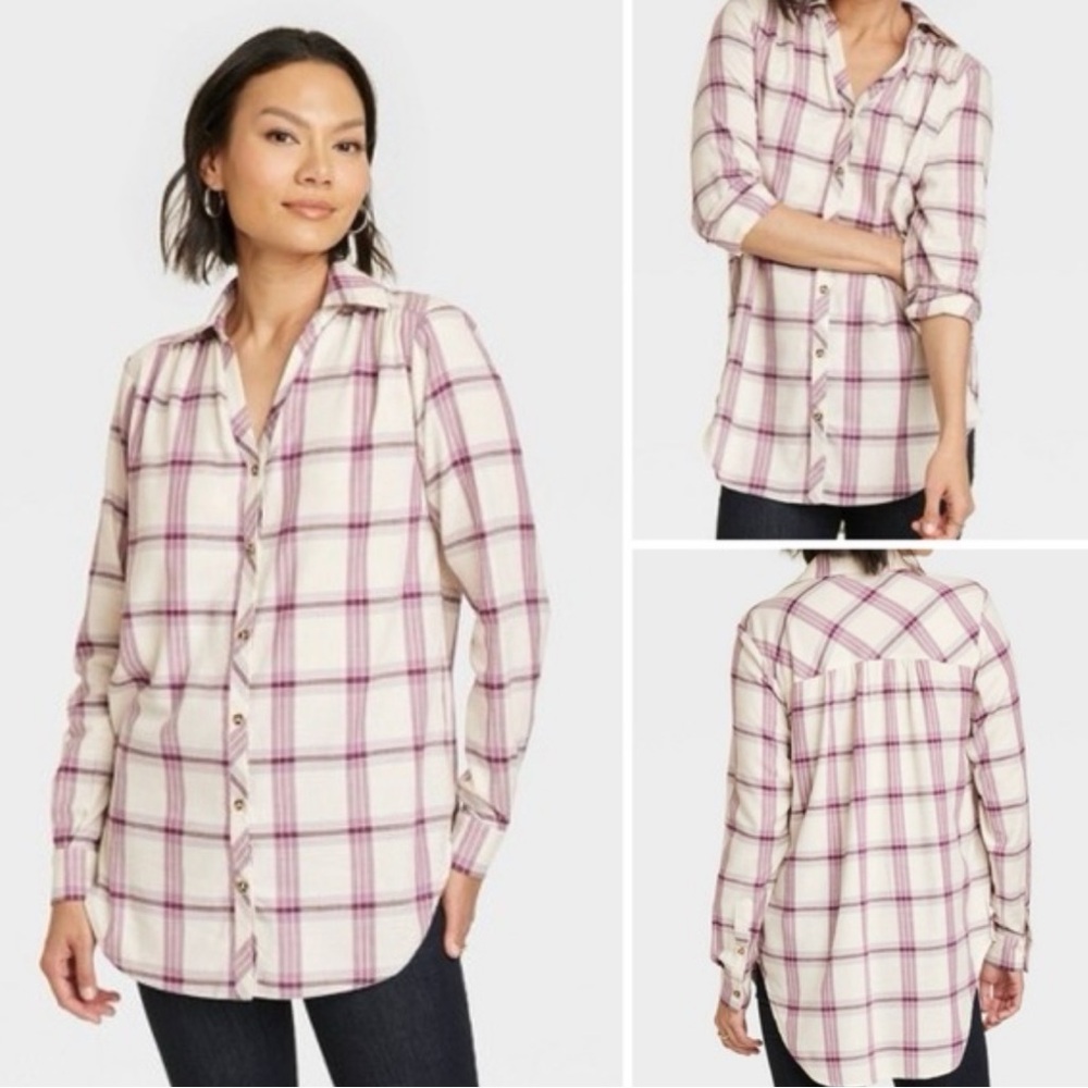 NEW Knox Rose Purple Plaid Button Blouse Size XL Collared Cotton Blend Tunic